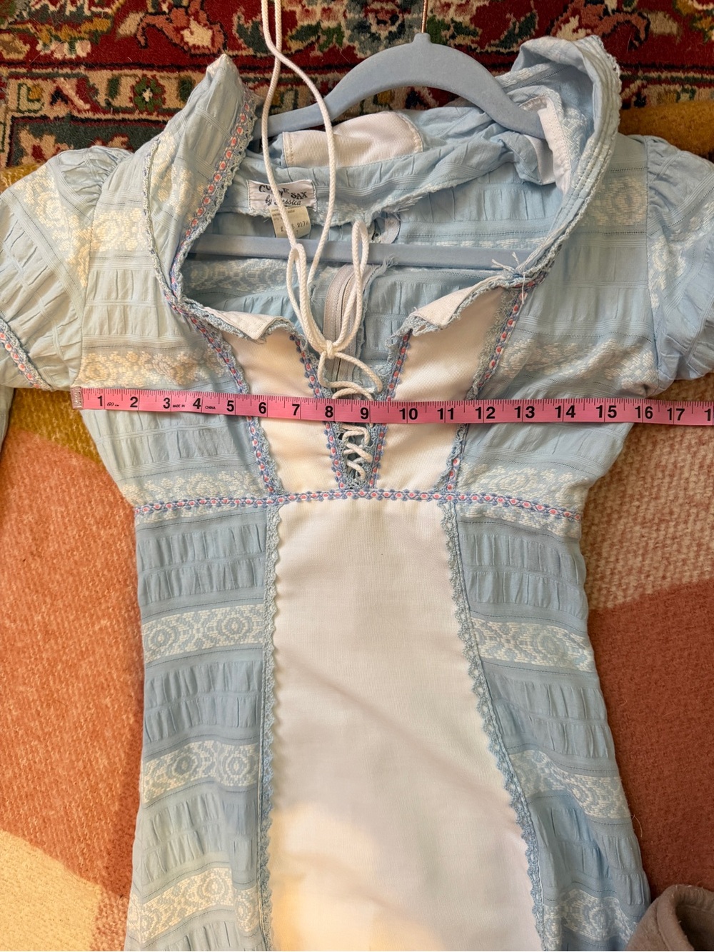 Rare White Label Gunne Sax Blue and White Hood with Blue and Pink Trim, 7 - Picture 5 of 16